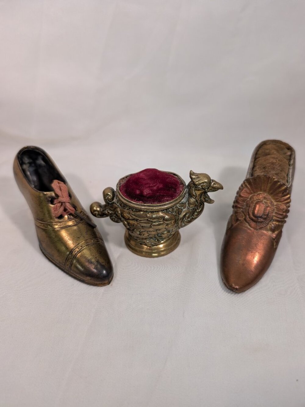 Antique Victorian Brass Metal Shoe Pin Cushions & Ornate Velvet Sewing Accessori